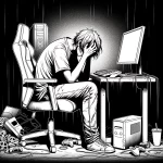 Henkilö istumassa pimeässä huoneessa tietokoneella masentuneen oloisena.