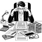 Henkilö istumassa mietteliäänä työpöydän äärellä tutkimassa papereita.